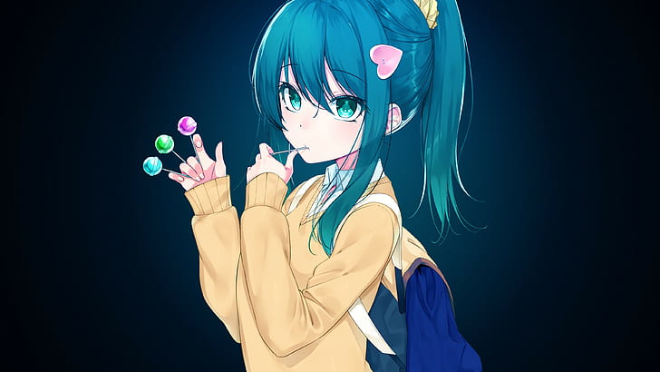 anime girls, sweater, aqua eyes, candies, lollipop, long hair, HD wallpaper