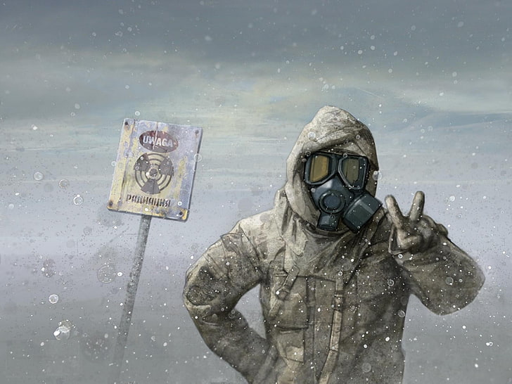 man in gray hooded jacket and black gas mask standing near post, HD wallpaper