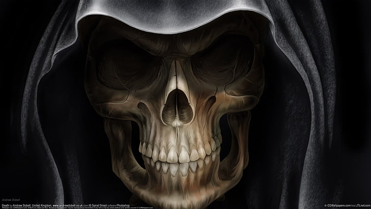 painting of skull, fantasy art, death, spooky, Grim Reaper, indoors