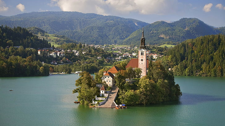 island, Lake Bled, Slovenia, church, HD wallpaper