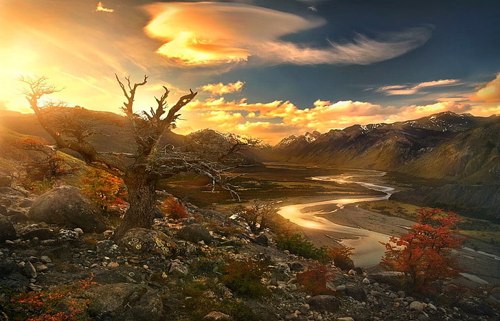 nature, landscape, river, sunset, mountains, valley, trees, HD wallpaper