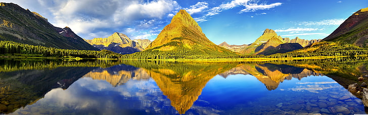 reflective photograph of green mountain near lake, nature, Glacier National Park, HD wallpaper