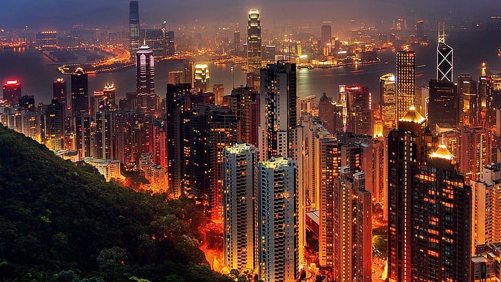 hong kong, china, citylights, cityscape, buildings, asia, night, HD wallpaper
