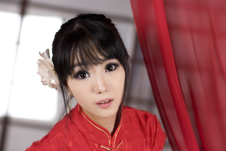 Cheongsam, Chinese dress, red dress, Asian, women, model, Korean, HD wallpaper