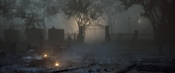 Vampyr, video game art, Gothic, dark, mist, London, city, cemetery