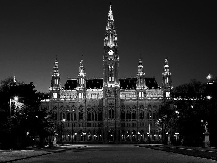 gray cathedral, black, white, night, Vienna, monochrome, Austria