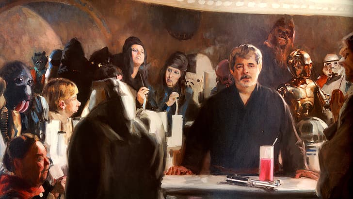 Star Wars, George Lucas, painting, artwork, Chewbacca, C-3PO, HD wallpaper
