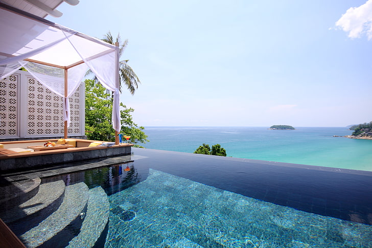 infinity pool, sea, landscape, nature, architecture, blue, sky, HD wallpaper