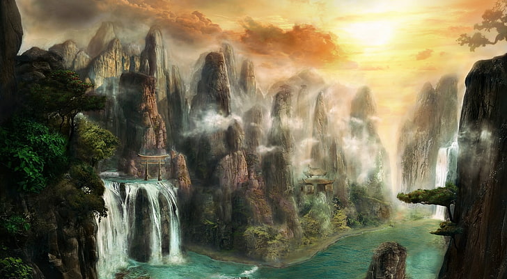 waterfall between mountain painting, digital art, fantasy art