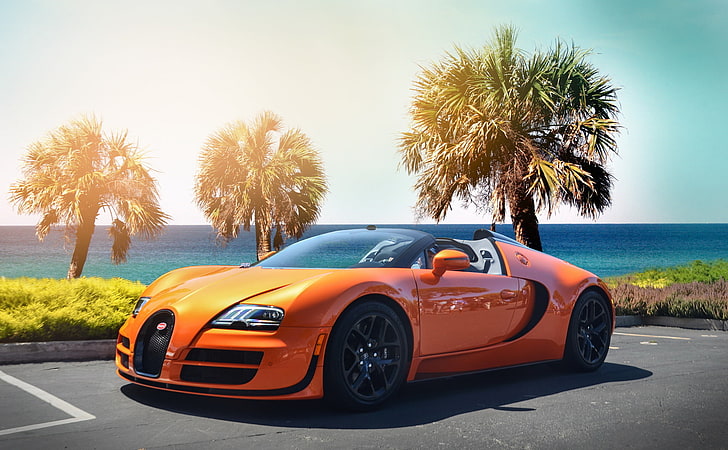 orange Bugatti Veyron, beach, palm trees, hypercar, sports Car