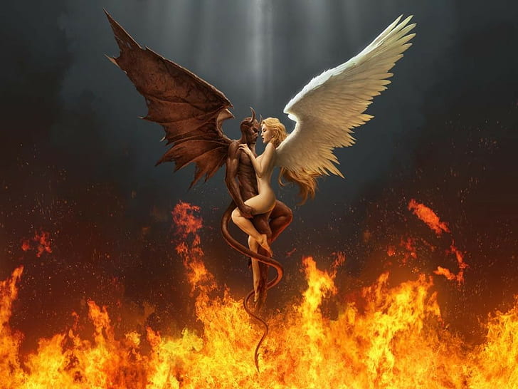 demon, angel, wings, fire