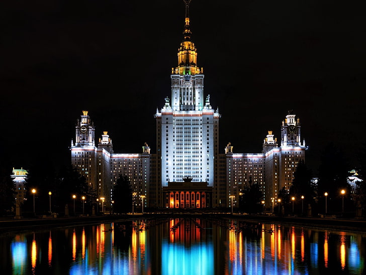 Cities, Moscow, Building, Moscow State University, Night, Reflection, HD wallpaper
