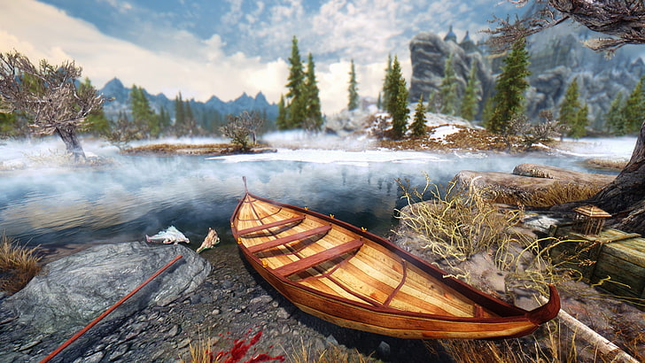 brown rowboat, body of water, and green pine trees painting, The Elder Scrolls V: Skyrim, HD wallpaper