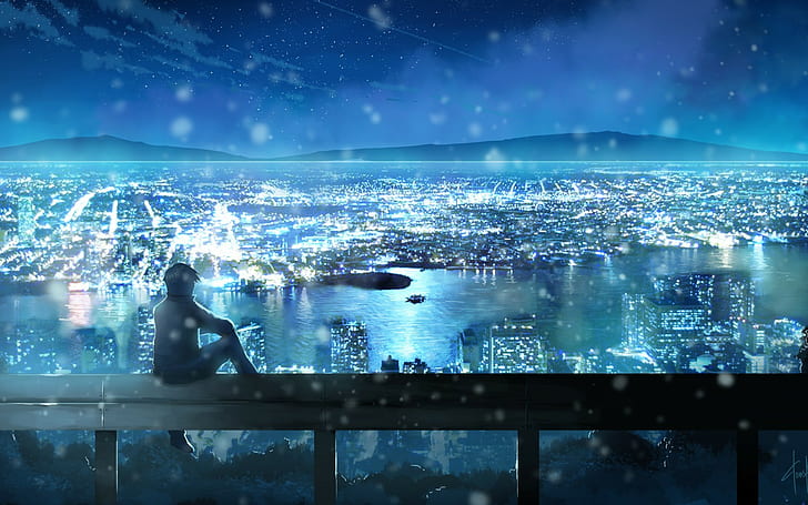 cityscape, water, anime, night, lights, sky