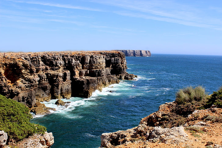 brown rock formation, algarve, portugal, ocean, cliff, sea, coastline