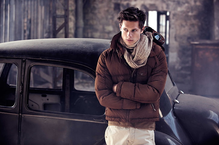men's black bubble jacket, man, car, model, winter, outdoors, HD wallpaper