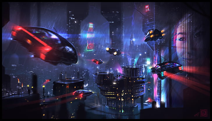 Night, The city, Future, Neon, Skyscrapers, Machine, Car, Fiction