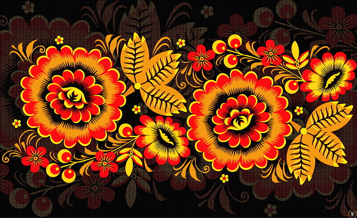 Flowers, Pattern, Style, Background, Painting, Art, Khokhloma, HD wallpaper