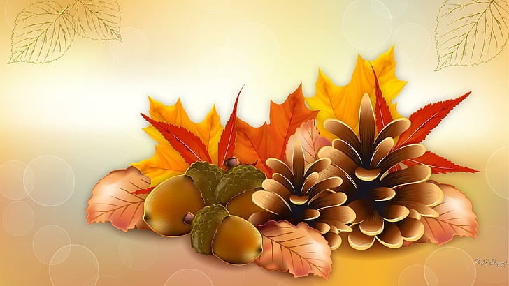 Thanksgiving Fall, brown, yellow, and orange flowers, pine-cones, HD wallpaper