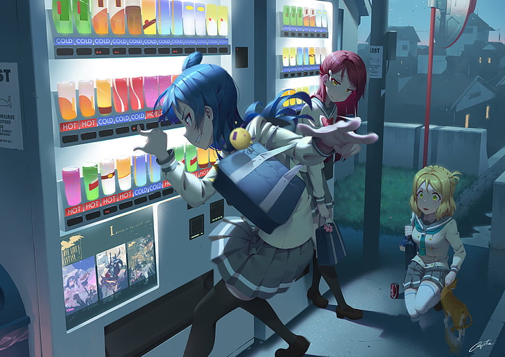 three female anime characters, Regition, school uniform, anime girls, HD wallpaper