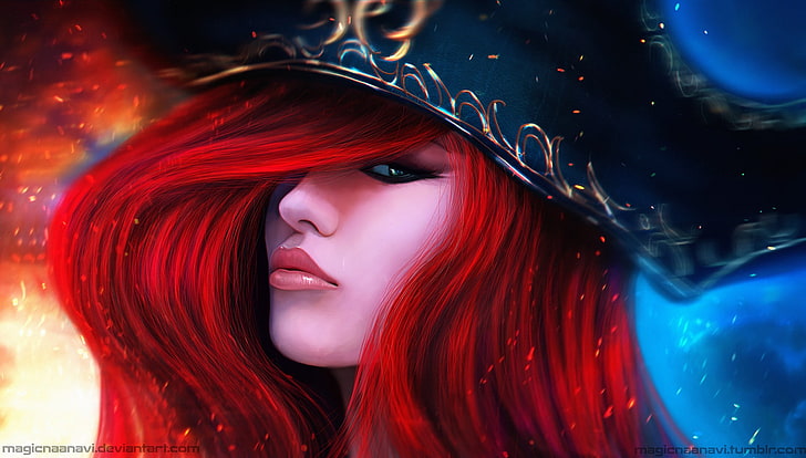 red haired fictional character wearing black cap digital wallpaper