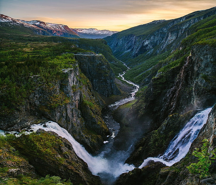 green waterfalls, nature, landscape, canyon, river, mountains, HD wallpaper