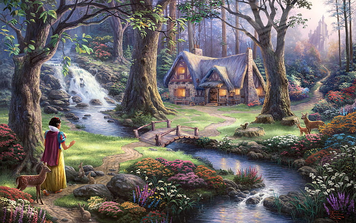 Snow White Disney Cabin Trees Stream Forest HD, digital/artwork, HD wallpaper