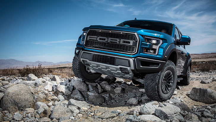 ford, blue car, pickup truck, tire, vehicle, off roading, ford f 150 raptor