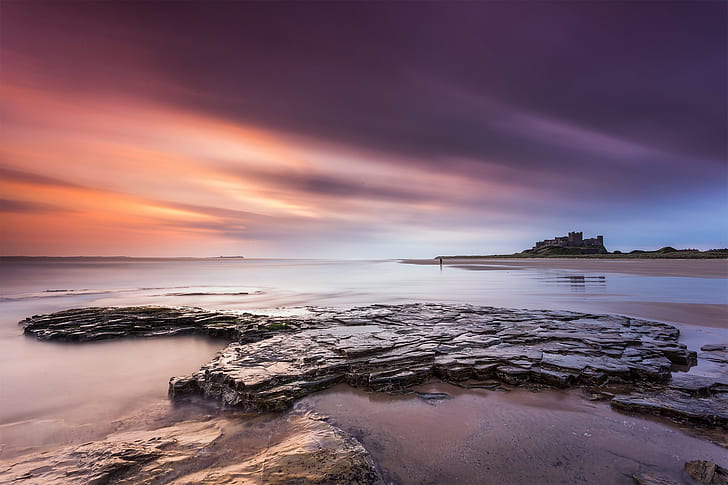 England, Northumberland, sea, seashore photo during sunset, beach, HD wallpaper