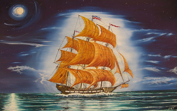 Flying Dutchman, john tansey, ship, cool, sailing, painting, moonlit, HD wallpaper