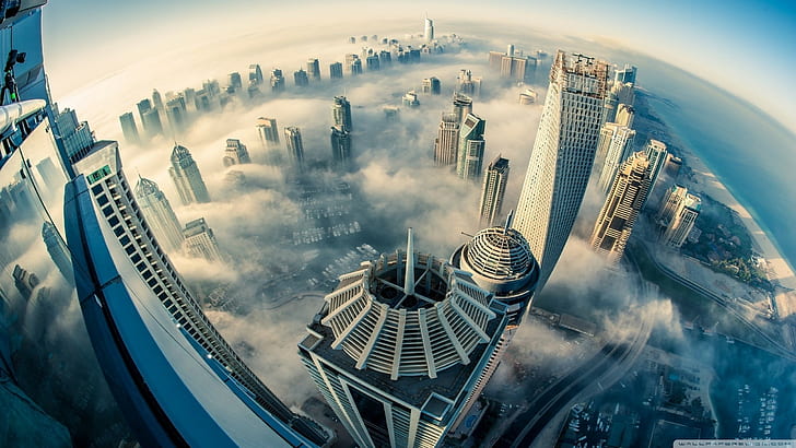architecture, photography, Dubai, skyscraper, sea, clouds, mist, HD wallpaper