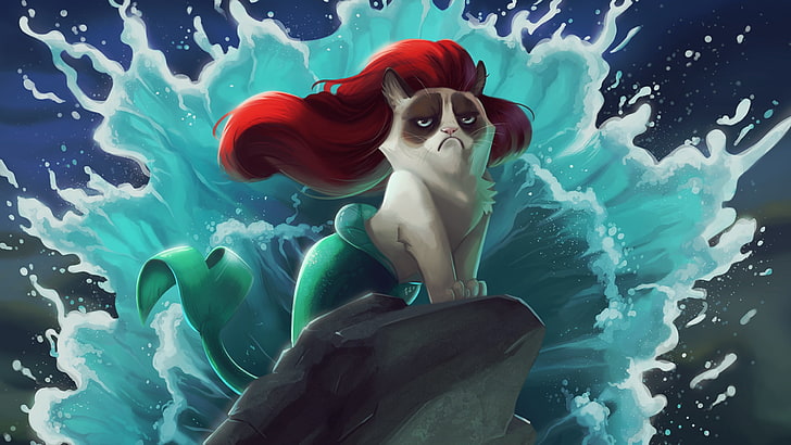 Ariel Grumpy Cat illustration, mermaid, cartoon, computer Graphic