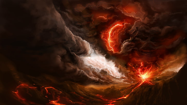 volcano eruption, the storm, clouds, fire, lightning, smoke, mountain, HD wallpaper
