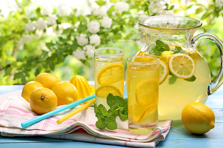 lemon juice set, summer, flowers, drink, fresh, lemons, lemonade