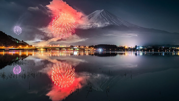 reflection, nature, fireworks, sky, water, lake, mount fuji