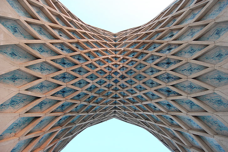 brown and blue symmetric wallpaper, tower, symmetry, architecture