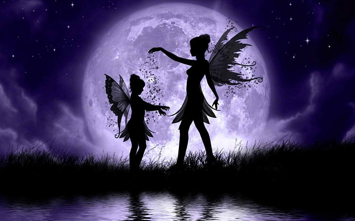 silhouette of two fairies wallpaper, Fantasy, Fairy, Elf, Moon