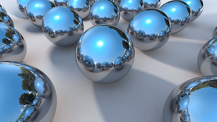 3d, balls, blue, sphere, reflection, chrome, chrome ball