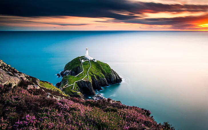 Sea, coast, lighthouse, sunset, HD wallpaper