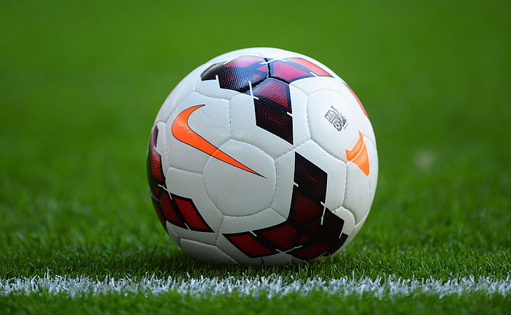 white, red, and orange Nike soccer ball, lawn, the ball, focus, HD wallpaper