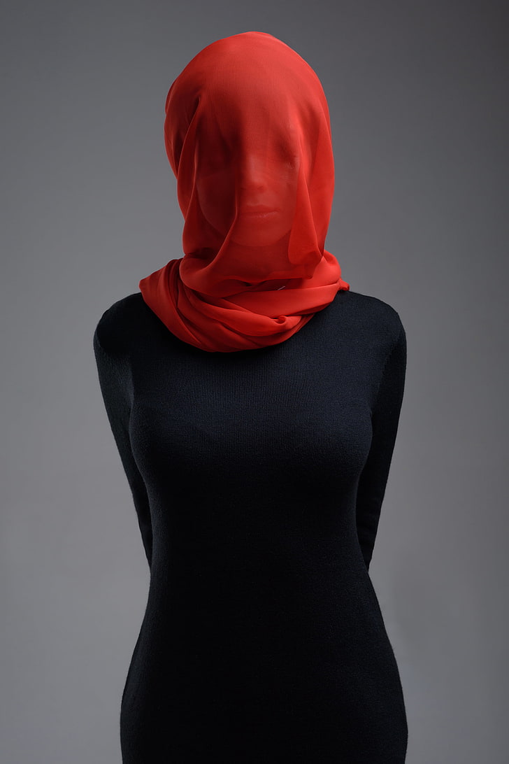 women's red hijab headdress, model, simple background, face, see-through sheets