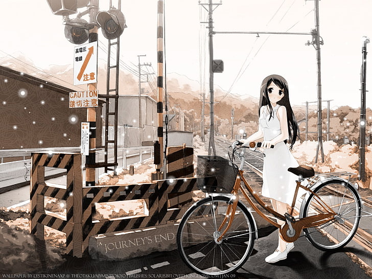 railway crossing, anime girls, white dress, long hair, dark hair