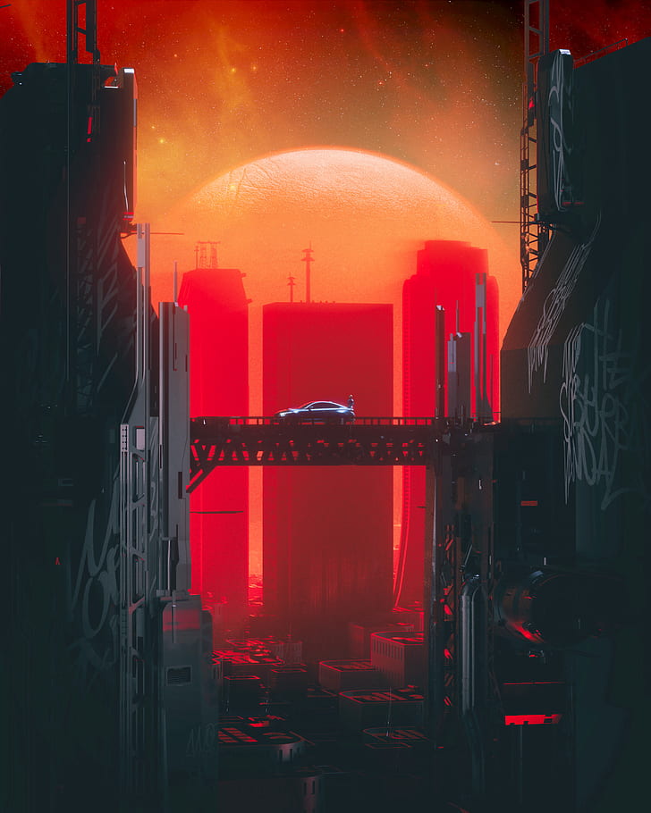 city, car, bridge, futurism, cyberpunk, sci-fi, HD wallpaper