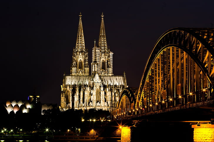 Hohenzollern Bridge, Germany, river, church, Cologne Cathedral