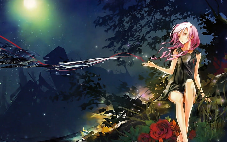anime girl character with pink hair digital wallpaper, night