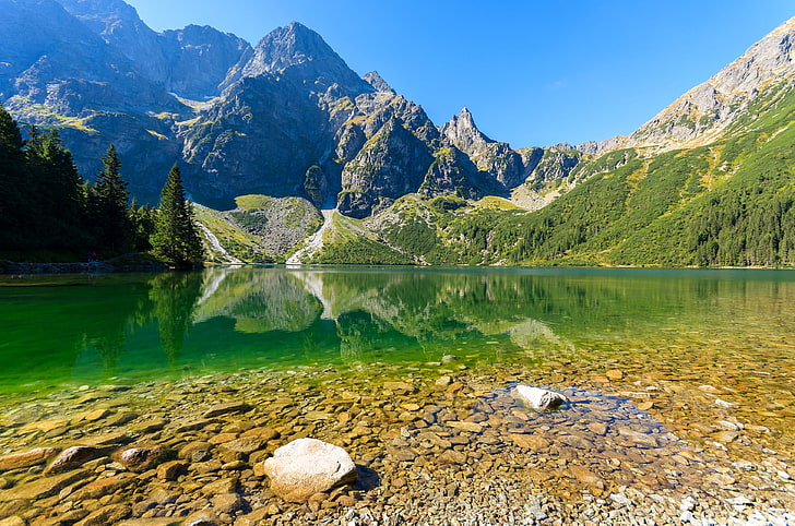 trees, mountains, lake, stones, rocks, Poland, Tatra National Park