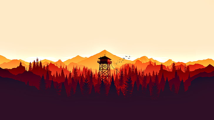 silhouette of tower illustration, Firewatch, video games, mountains, HD wallpaper