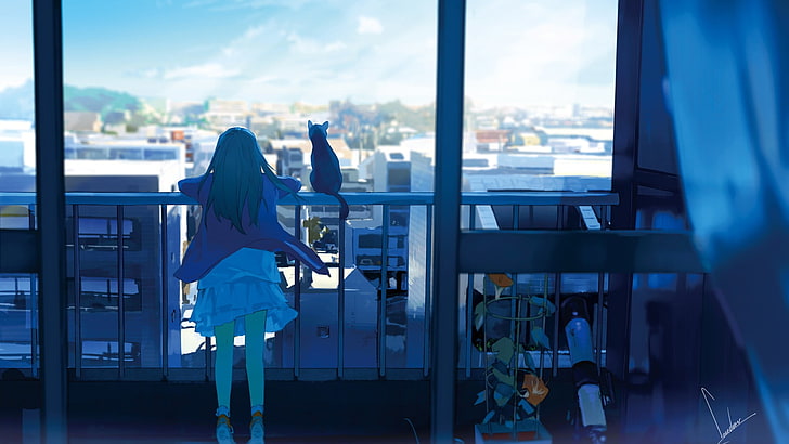 city, anime girls, original characters, cat, window, balcony, HD wallpaper