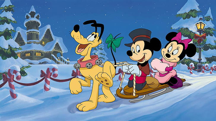 Winter Sledding With Pluto Mickey And Minnie Mouse Cartoons Christmas Wallpaper Hd 1920×1080