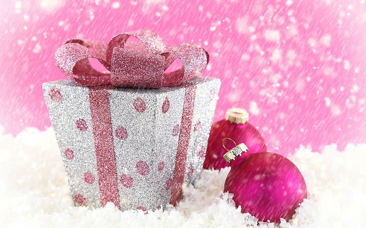 Christmas Gift Holiday Snow Winter, white and pink christmas gift box and pink ornament